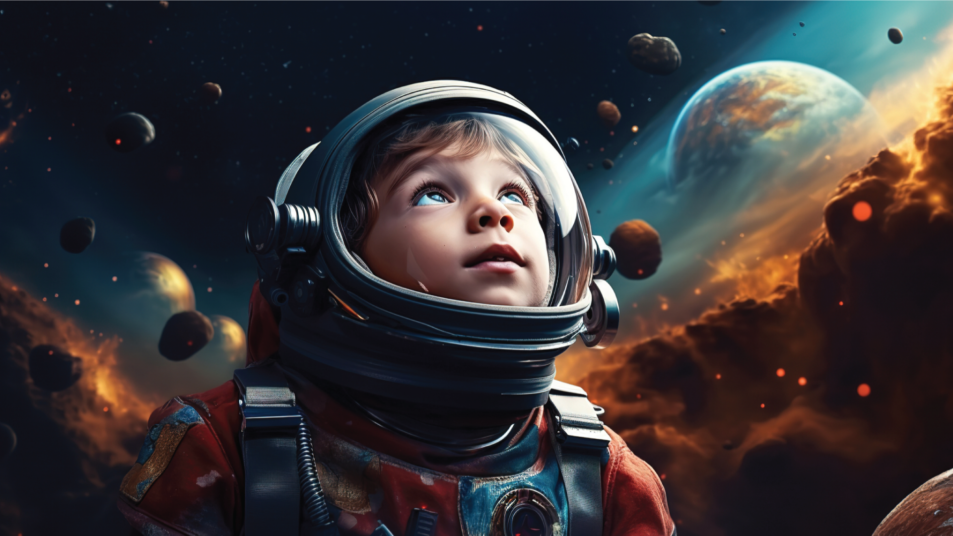 A boy explores the technology world of Planorus while wearing astronaut attire