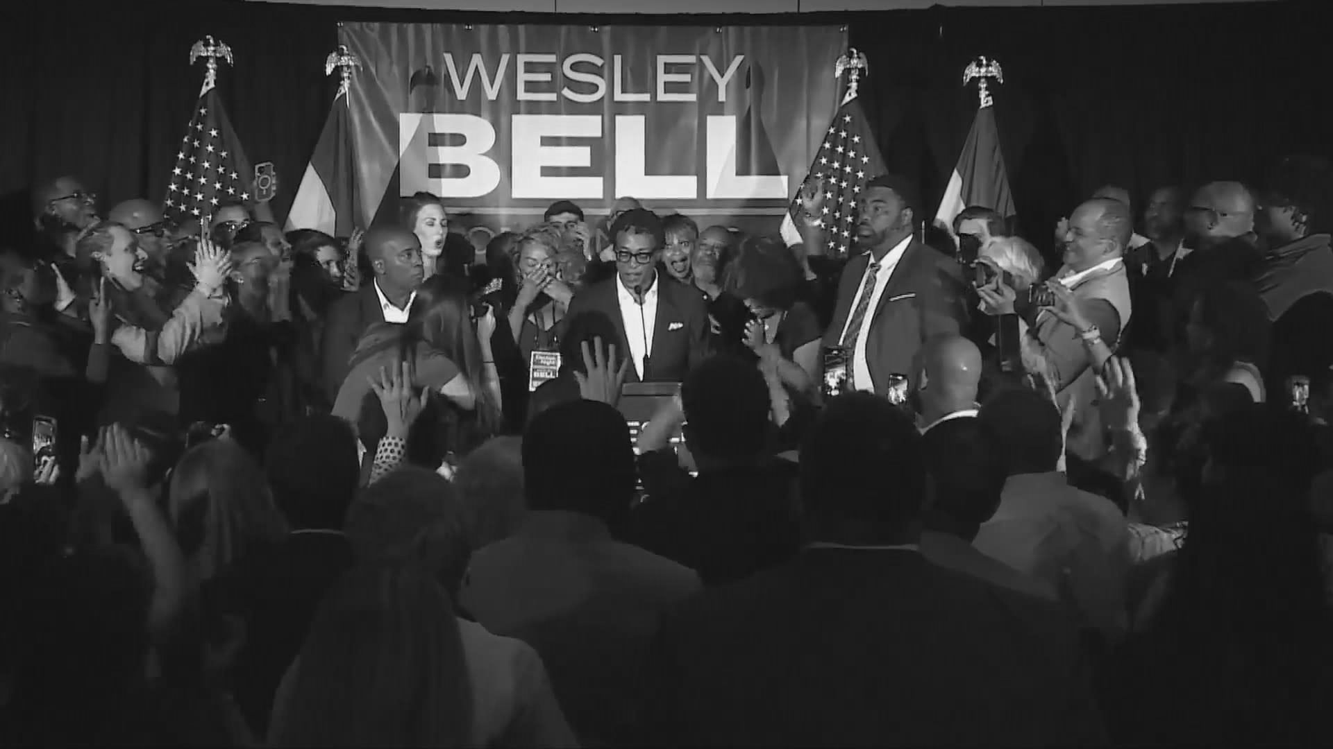 Congressman Wesley Bell address his supporters at campaign watch party