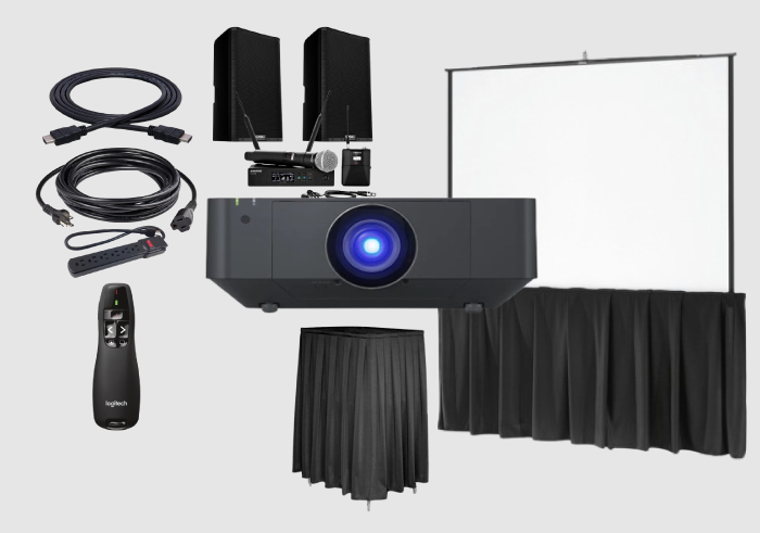 Projector, screen, PA system, AV cart and Powerpoint remote package for rent