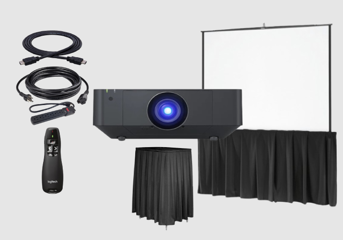 Projector, screen, AV cart and Powerpoint remote package for rent